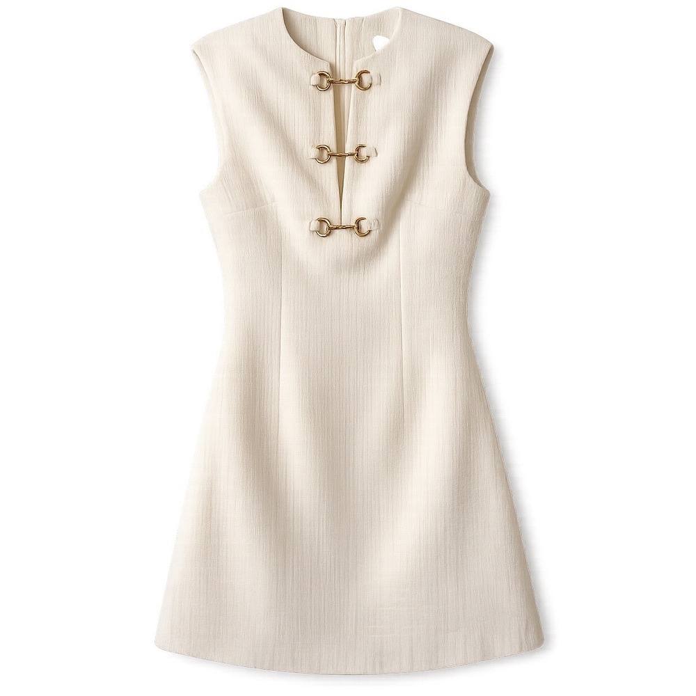 Commense Cream Tweed Mini Dress Gold Horsebit Hardware NWT Size M - Picture 8 of 9